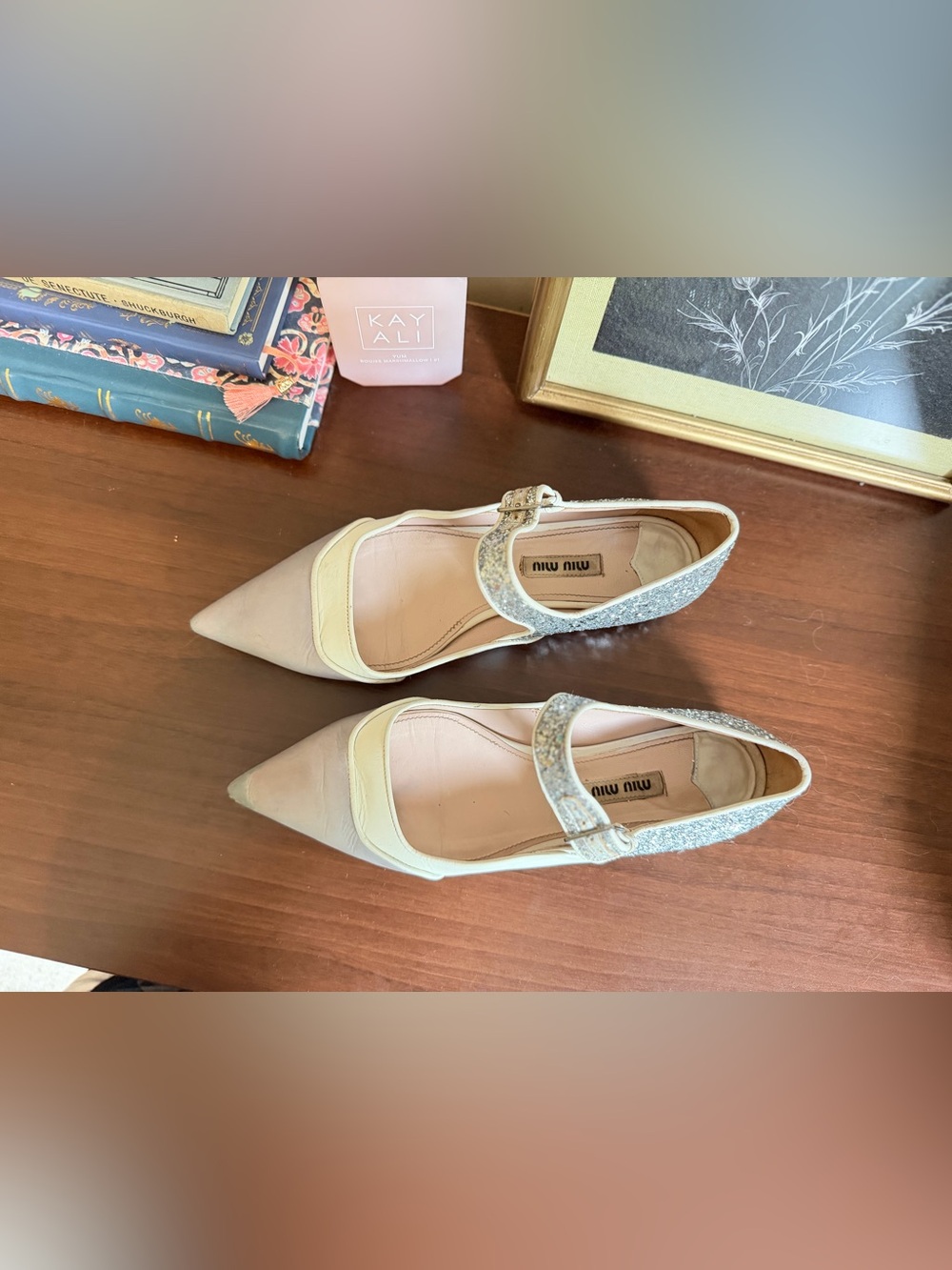Miu Miu Mary Jane Sparkle White Gray Leather Ballet Flats | Size 7 - Picture 7 of 9